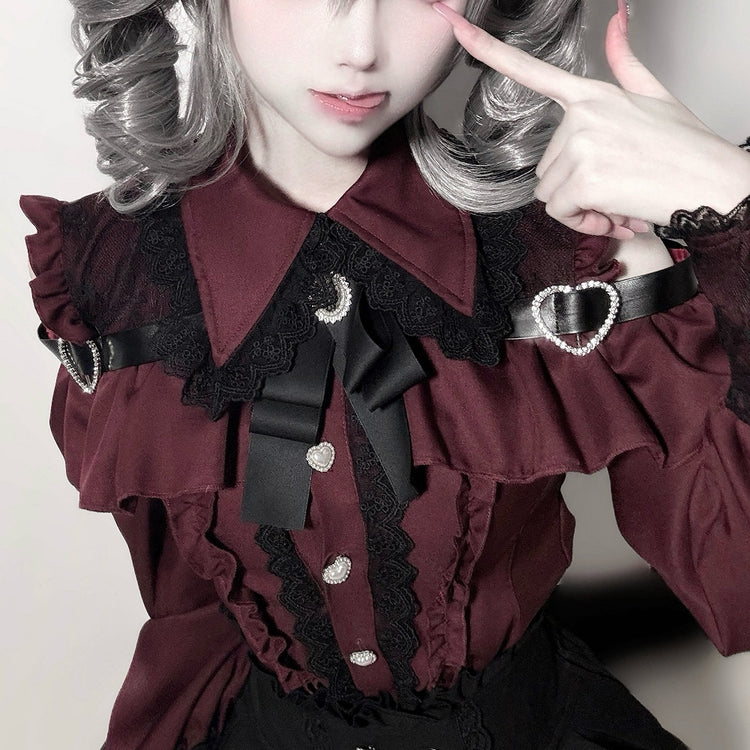 Deep burgundy Two-piece set (Shirt + skirt + bow tie)