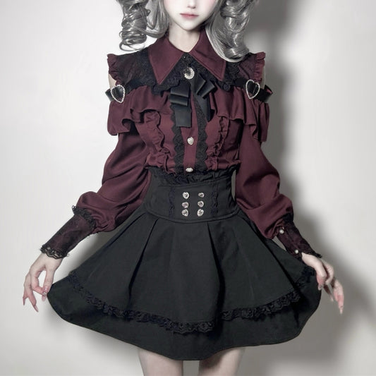 Deep burgundy Two-piece set (Shirt + skirt + bow tie)