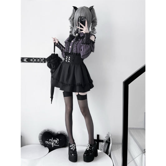 Deep purple Two-piece set (Shirt + skirt + bow tie)