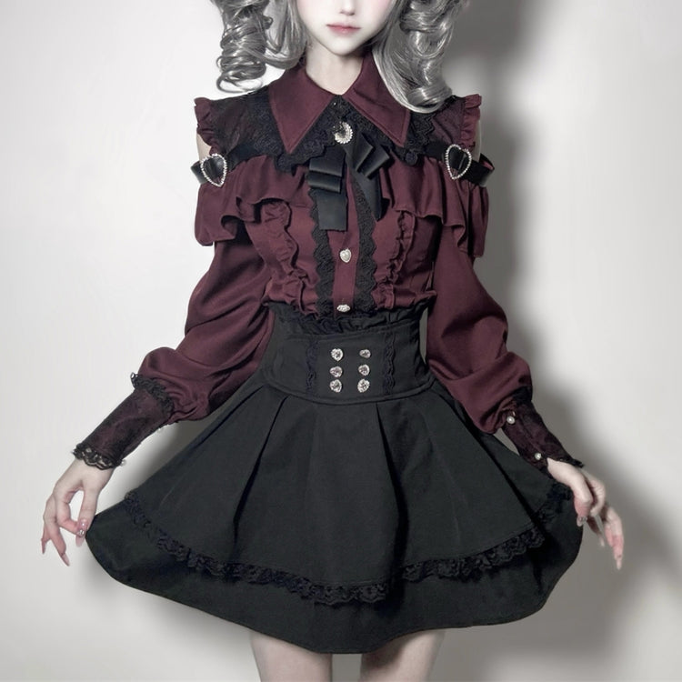 Deep burgundy Two-piece set (Shirt + skirt + bow tie)