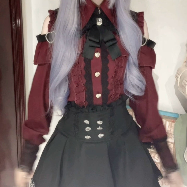 Dark red Two-piece set (Shirt + skirt + bow tie)