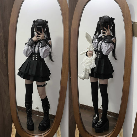 Gray blue Two-piece set (Shirt + skirt + bow tie)