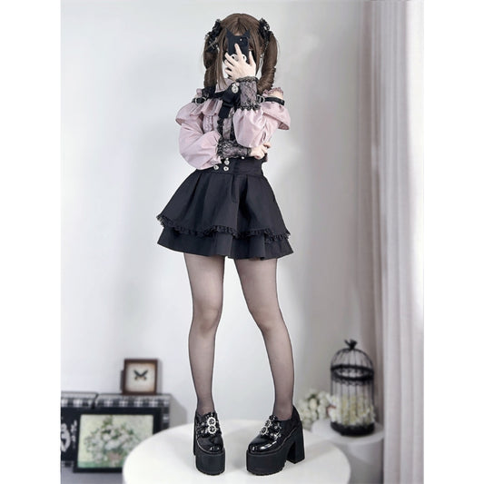 Ash powder Two-piece set (Shirt + skirt + bow tie)