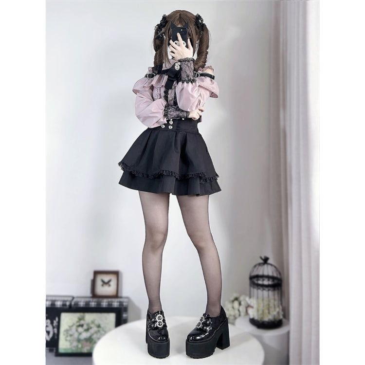 Ash powder Two-piece set (Shirt + skirt + bow tie)