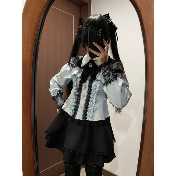 Aqua green Two-piece set (Shirt + skirt + bow tie)