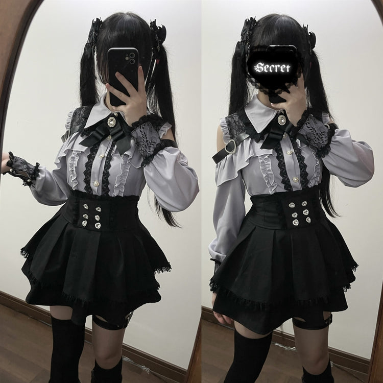 Gray blue Two-piece set (Shirt + skirt + bow tie)