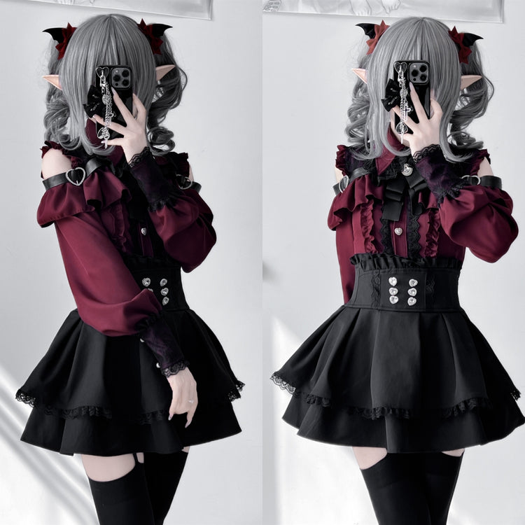 Deep burgundy Two-piece set (Shirt + skirt + bow tie)