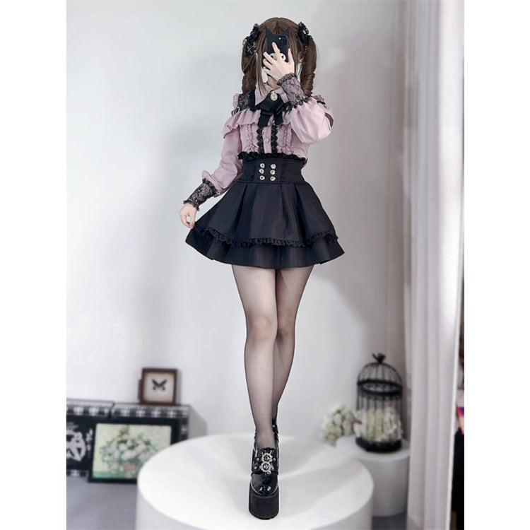 Ash powder Two-piece set (Shirt + skirt + bow tie)