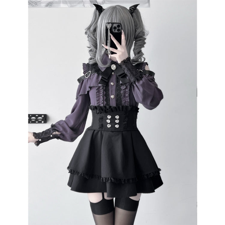 Deep purple Two-piece set (Shirt + skirt + bow tie)