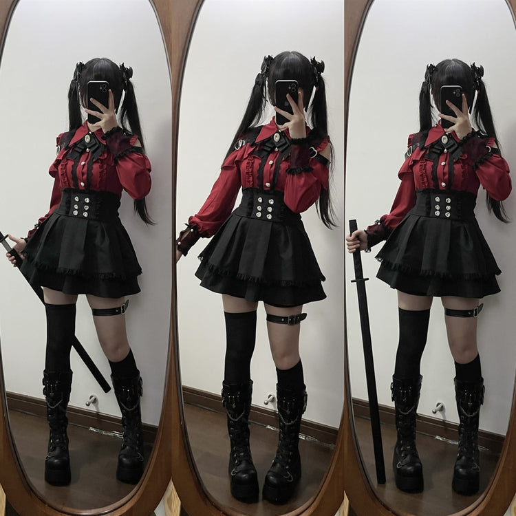 Dark red Two-piece set (Shirt + skirt + bow tie)
