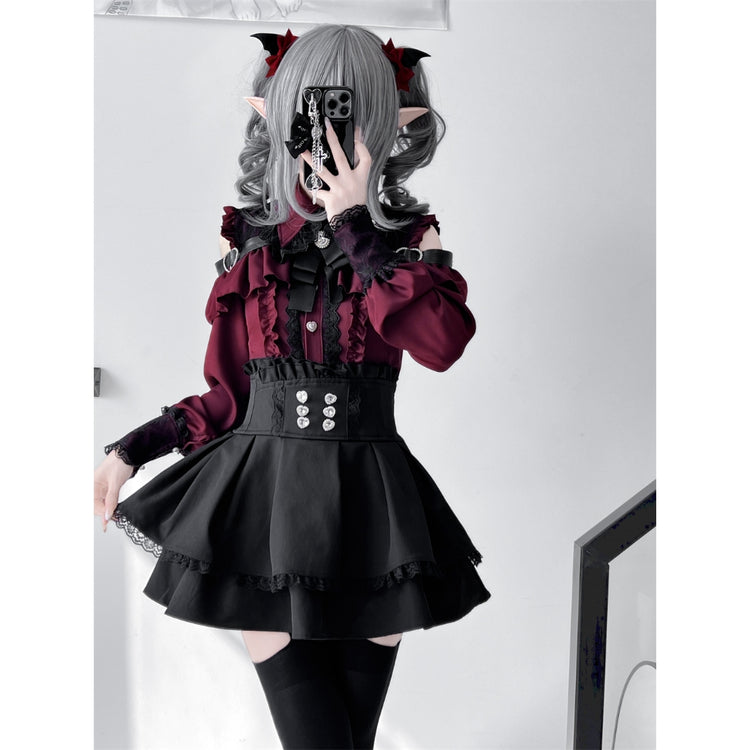 Dark red Two-piece set (Shirt + skirt + bow tie)