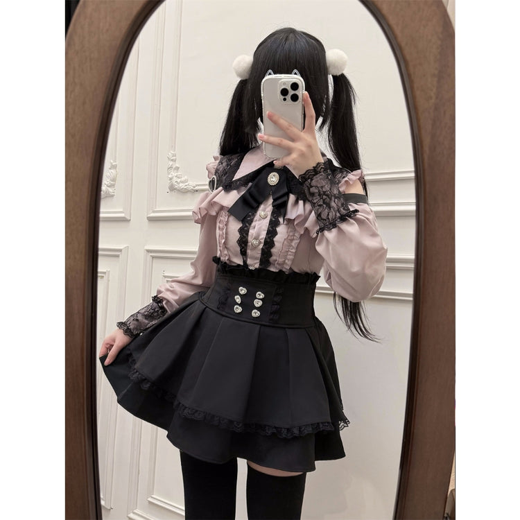 Ash powder Two-piece set (Shirt + skirt + bow tie)