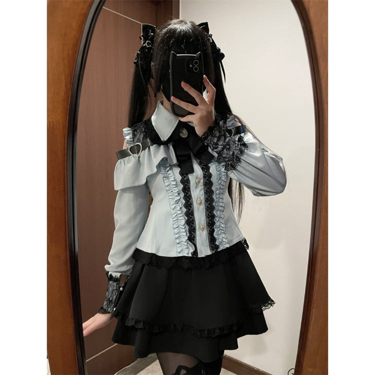 Aqua green Two-piece set (Shirt + skirt + bow tie)