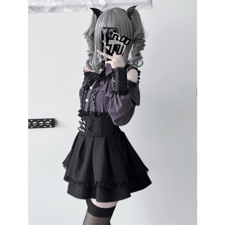 Deep purple Two-piece set (Shirt + skirt + bow tie)