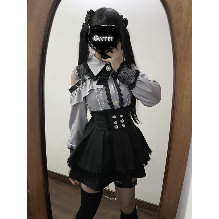 Gray blue Two-piece set (Shirt + skirt + bow tie)