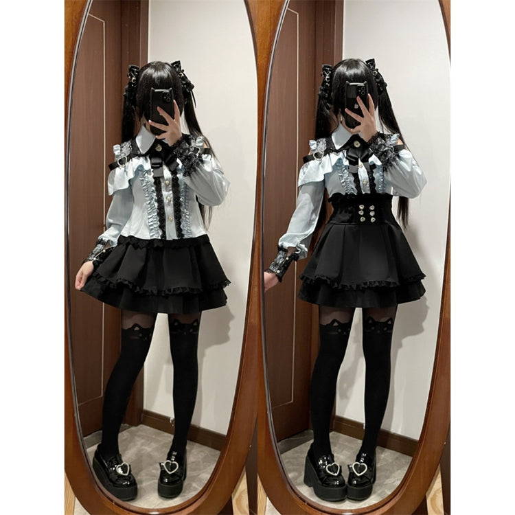 Aqua green Two-piece set (Shirt + skirt + bow tie)