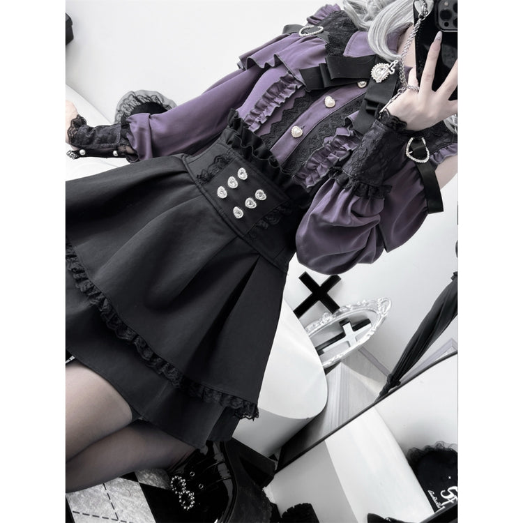 Deep purple Two-piece set (Shirt + skirt + bow tie)