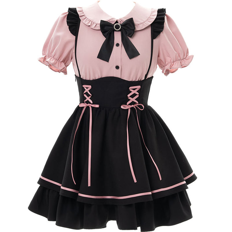 sweet pink shirt, black strap skirt, small temperament