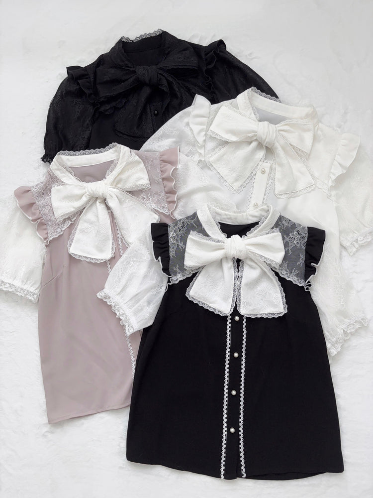 big bow tie cut-out panel lace Shirt