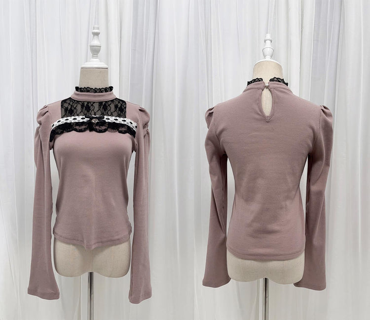 lace panels stand-up collar knit