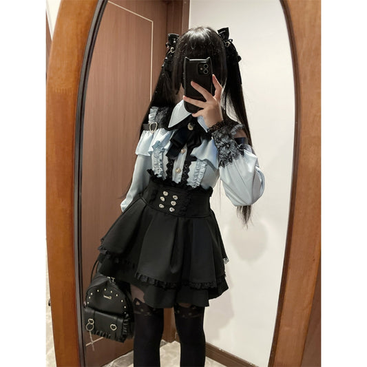 Aqua green Two-piece set (Shirt + skirt + bow tie)