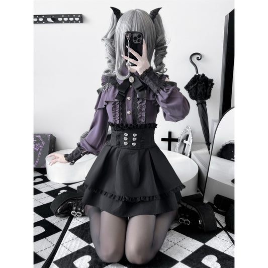 Deep purple Two-piece set (Shirt + skirt + bow tie)