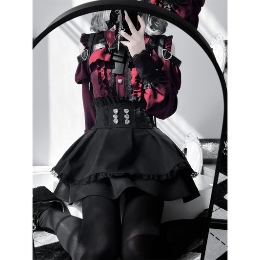 Dark red Two-piece set (Shirt + skirt + bow tie)