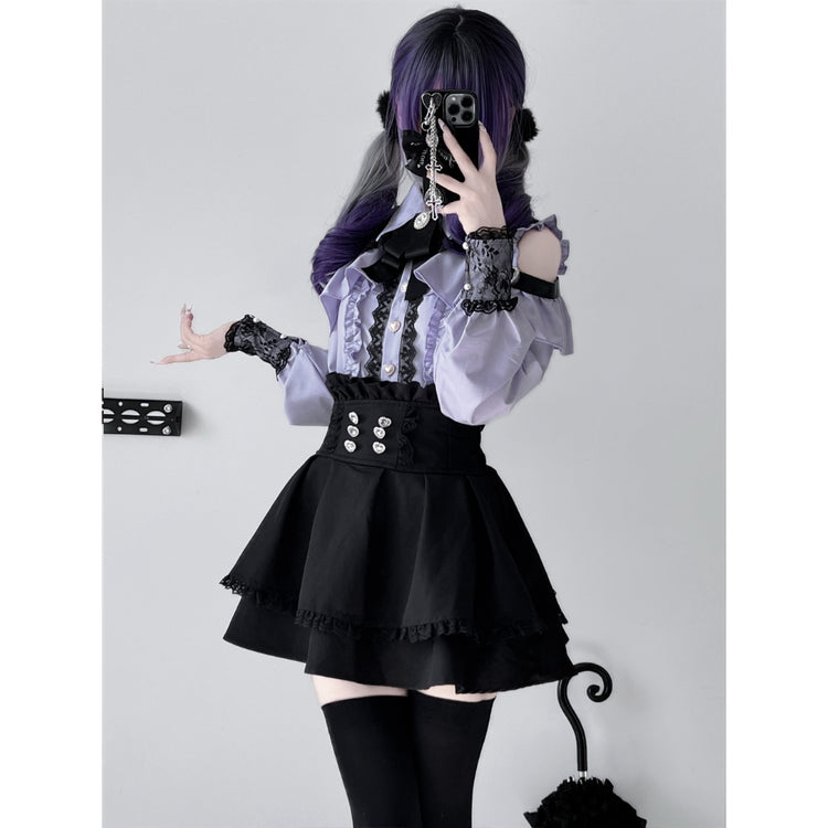 Water purple Two-piece set (Shirt + skirt + bow tie)