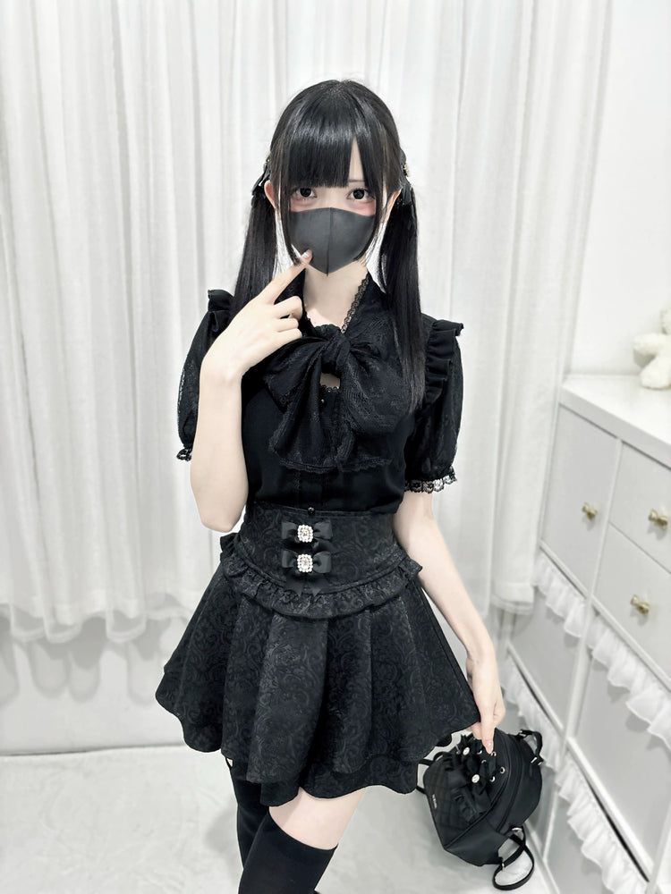 waist seal bow double dark pattern high-waisted Skirt