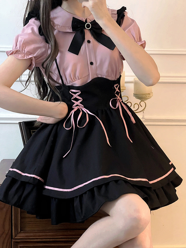 sweet pink shirt, black strap skirt, small temperament