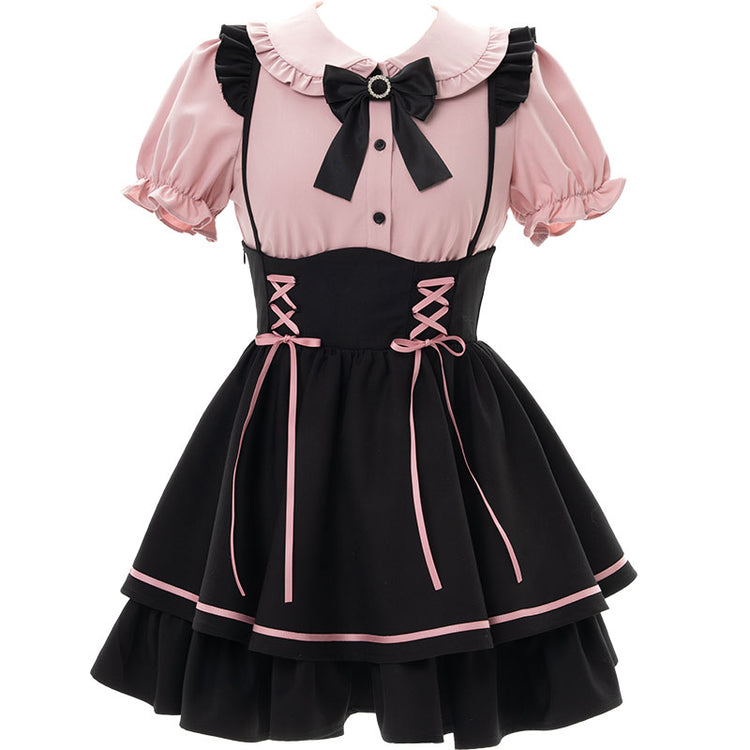 sweet pink shirt, black strap skirt, small temperament