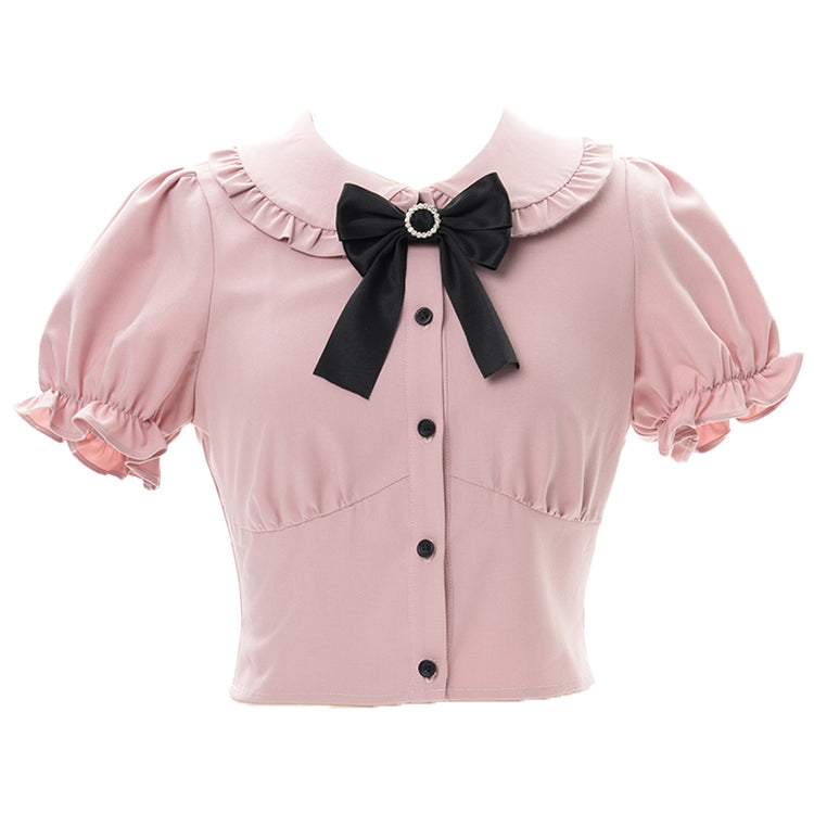 sweet pink shirt, black strap skirt, small temperament