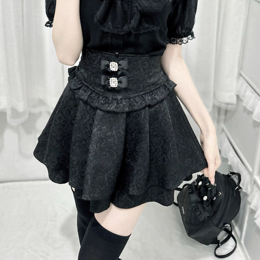 waist seal bow double dark pattern high-waisted Skirt