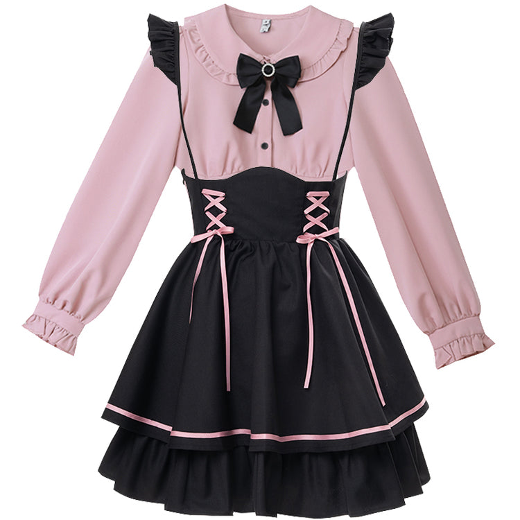 sweet pink shirt, black strap skirt, small temperament