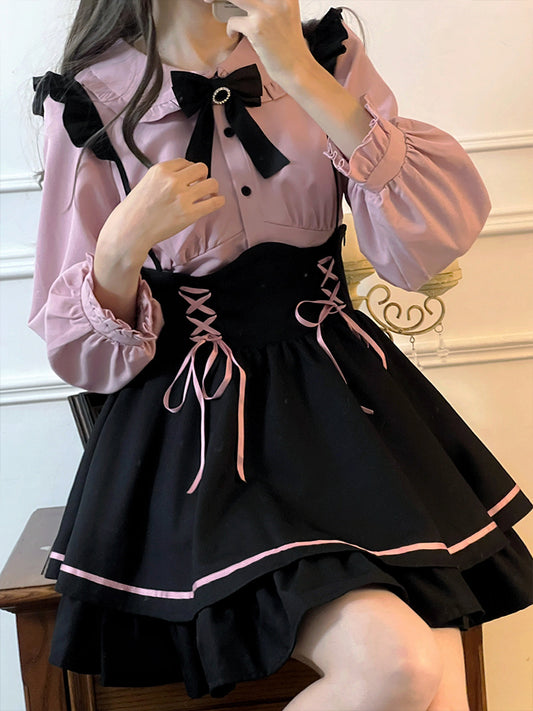 sweet pink shirt, black strap skirt, small temperament