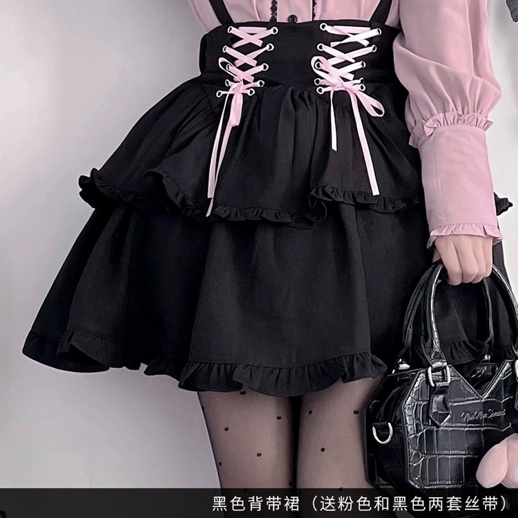 Sleeve Long Sleeve Pink Shirt Suspender Skirt Jirai-kei Suit