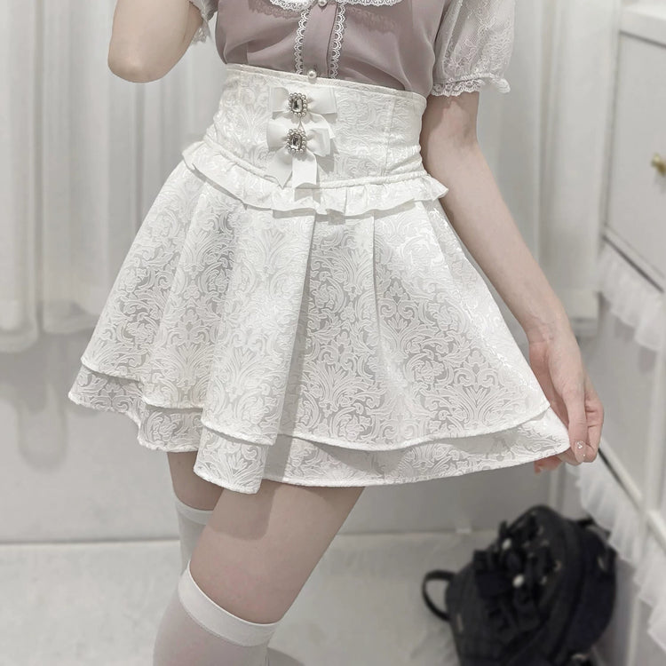 waist seal bow double dark pattern high-waisted Skirt