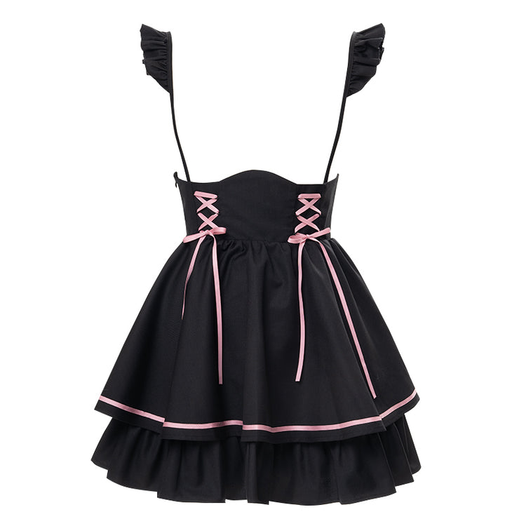 sweet pink shirt, black strap skirt, small temperament