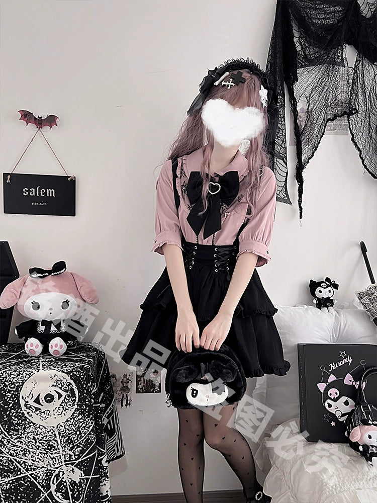 Sleeve Long Sleeve Pink Shirt Suspender Skirt Jirai-kei Suit