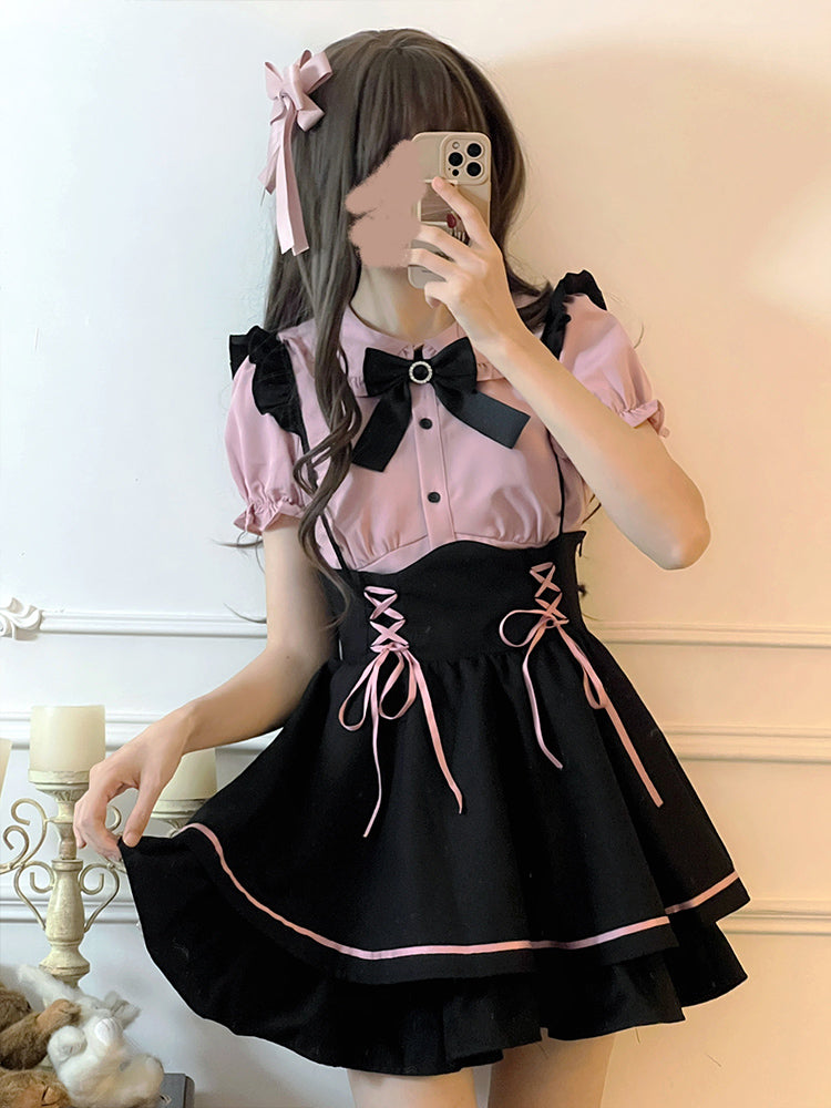 sweet pink shirt, black strap skirt, small temperament