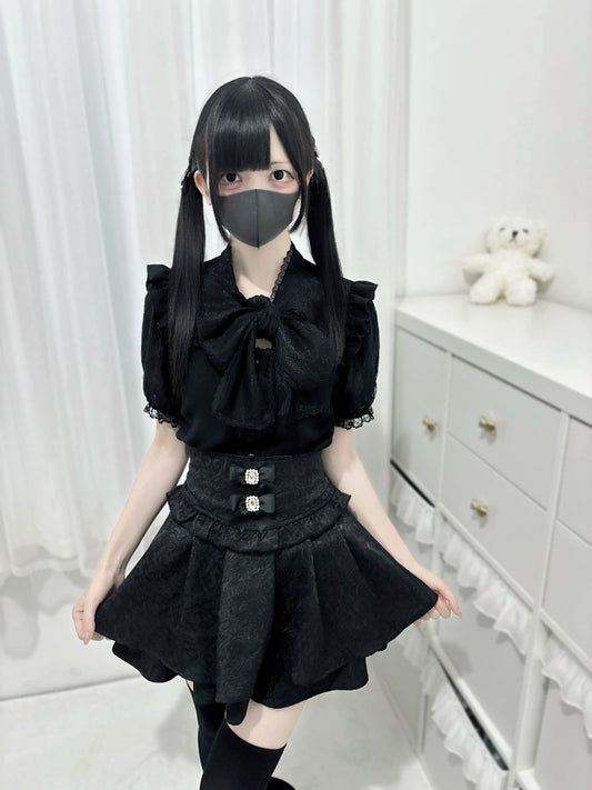 waist seal bow double dark pattern high-waisted Skirt