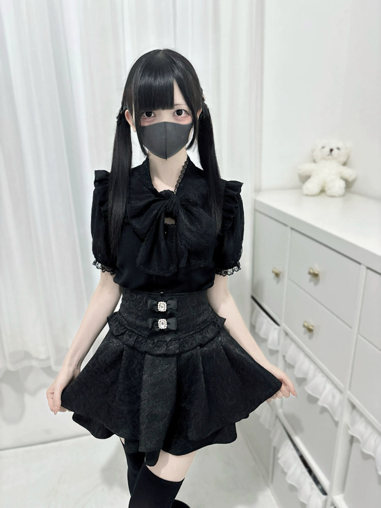 waist seal bow double dark pattern high-waisted Skirt