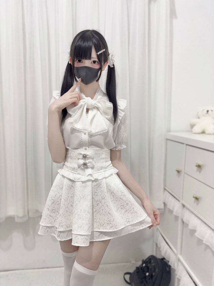 waist seal bow double dark pattern high-waisted Skirt