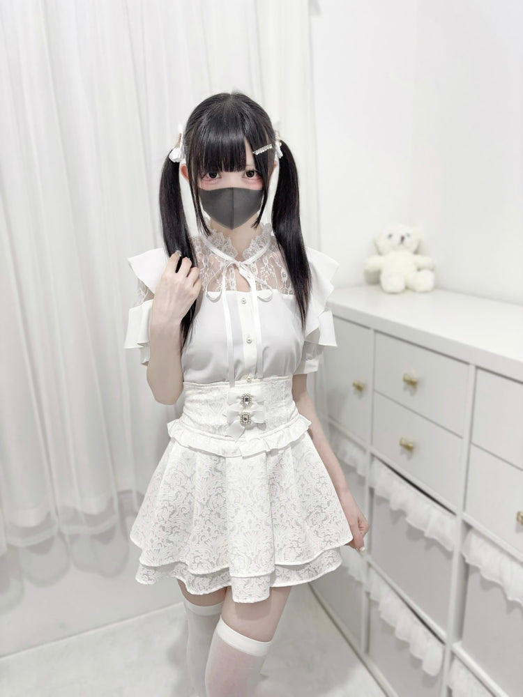 lace stitched ruffles lace-up Shirt