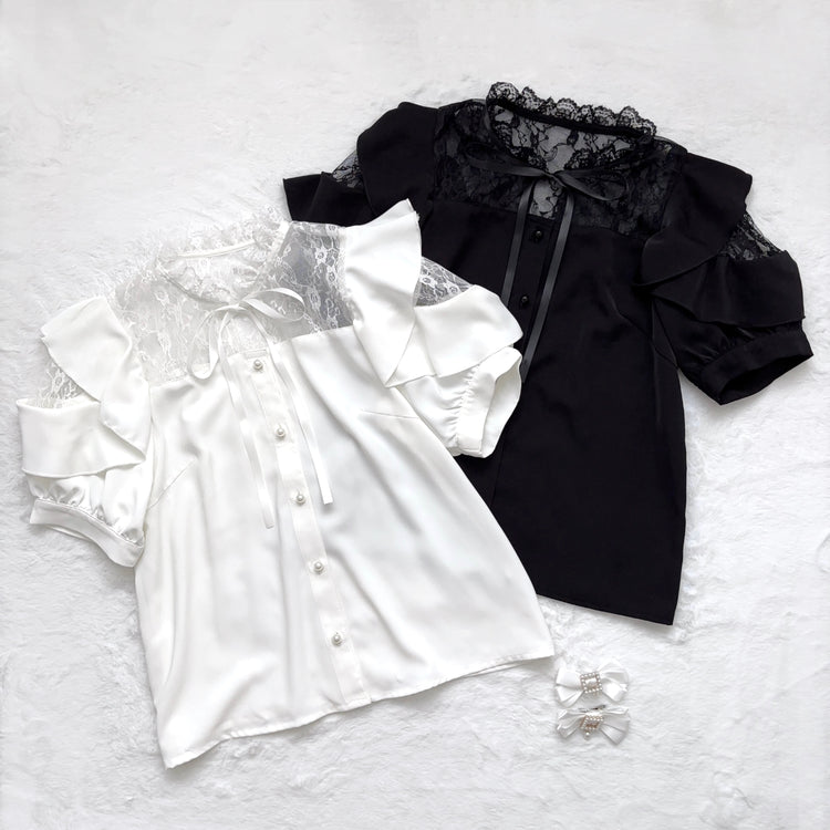 lace stitched ruffles lace-up Shirt